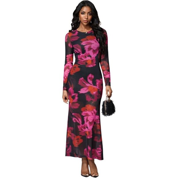 Dresses & Skirts - Women's Pink Floral Mesh Maxi Dress Elegant Long Sleeve Spring Cocktail
